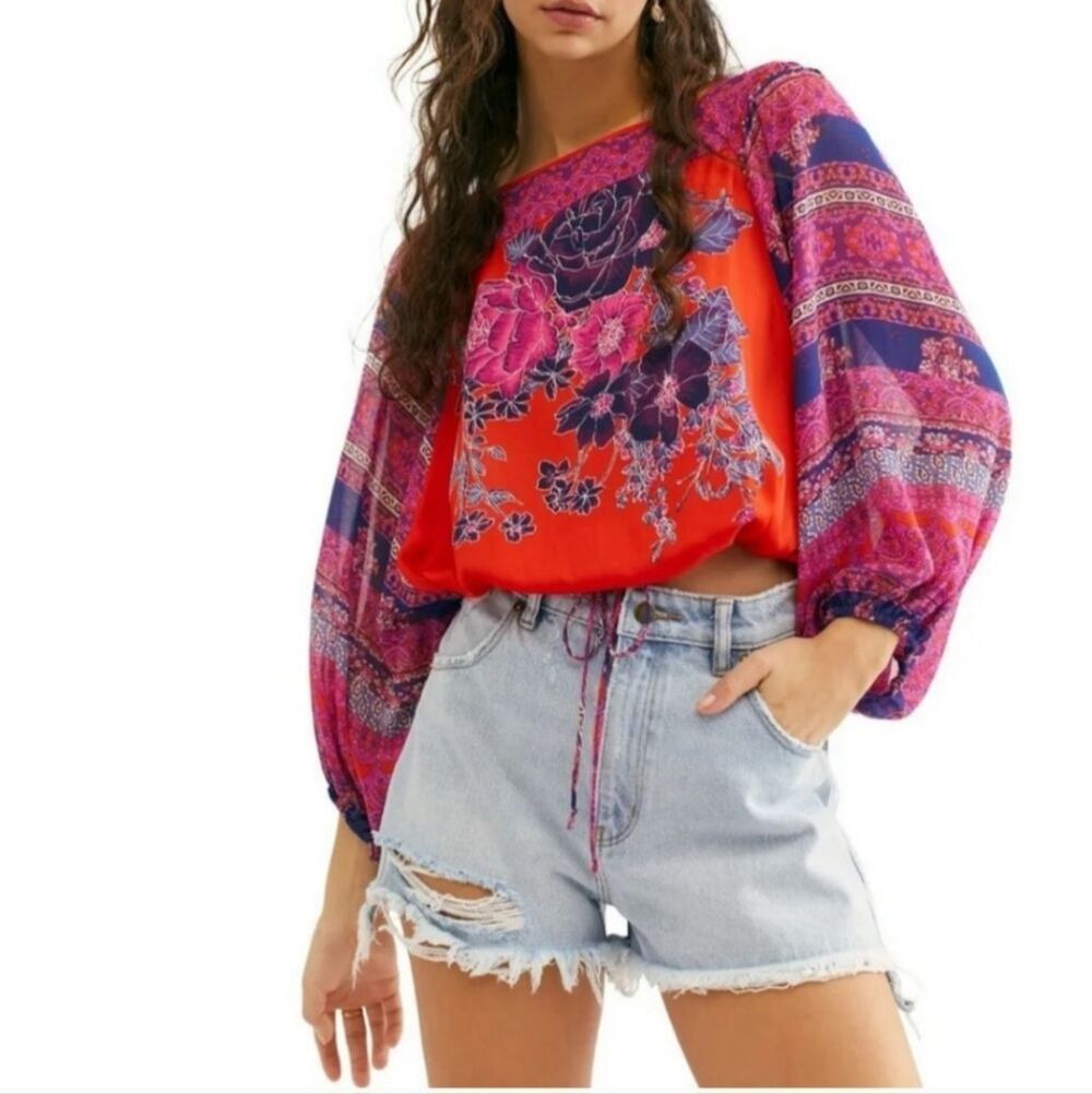 Free People Blue Nile Printed Floral Boho Balloon Sleeve Top M